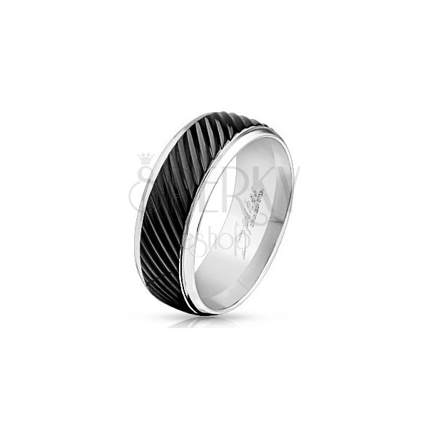 Prsteň z ocele 316L striebornej farby, čierny pás so šikmými zárezmi, 8 mm