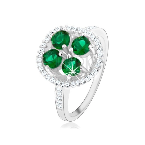 Zásnubný strieborný prsteň 925, okrúhly ligotavý kvet, zelené zirkóny