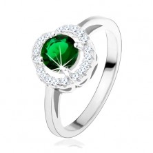 Zásnubný prsteň, okrúhly zelený zirkón, zvlnený lem čírej farby, striebro 925