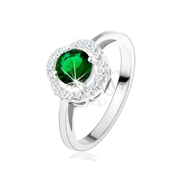 Zásnubný prsteň, okrúhly zelený zirkón, zvlnený lem čírej farby, striebro 925