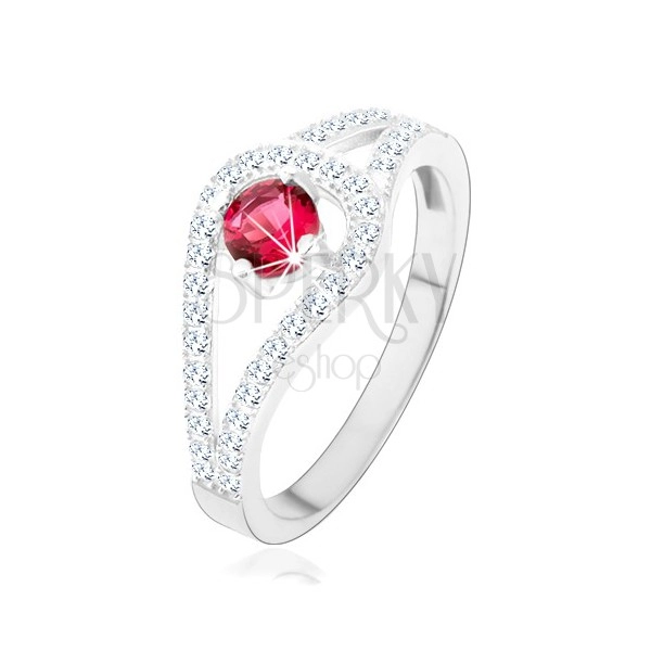 Strieborný prsteň 925, rozdvojené trblietavé ramená, ružový zirkón