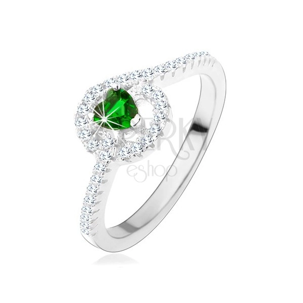 Zásnubný strieborný prsteň 925, zelené zirkónové srdiečko, trblietavé línie