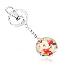 Prívesok na kľúče v štýle kabošon, vypuklé sklo, biele a červené kvety