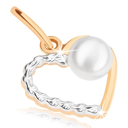 E-shop Šperky Eshop - Dvojfarebný prívesok v 9K zlate - tenká kontúra symetrického srdiečka, perlička GG46.06