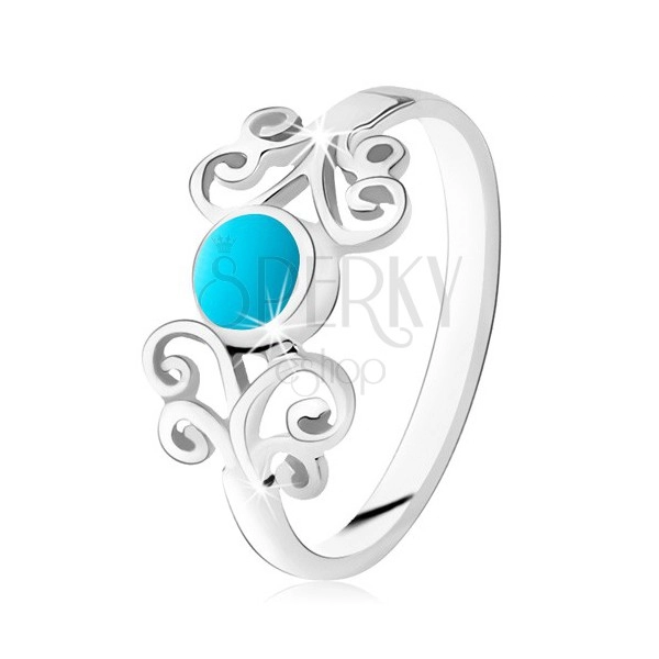 Strieborný prsteň 925, krúžok tyrkysovej farby, lesklé ornamenty, úzke ramená