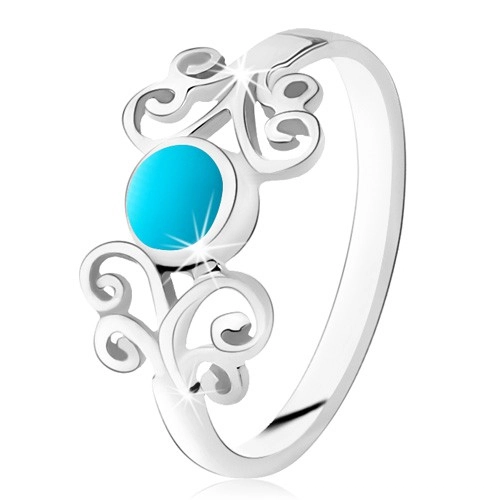 Strieborný prsteň 925, krúžok tyrkysovej farby, lesklé ornamenty, úzke ramená - Veľkosť: 52 mm