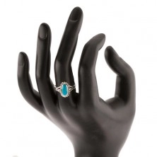 Strieborný prsteň 925, ovál v tyrkysovom odtieni, kontúra z guličiek, rozdelené ramená