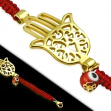 Pletený červený náramok s oceľovým príveskom zlatej farby - ruka Fatimy