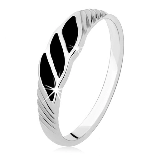 Strieborný prsteň 925, tri čierne hladké vlnky, šikmé ryhy - Veľkosť: 60 mm