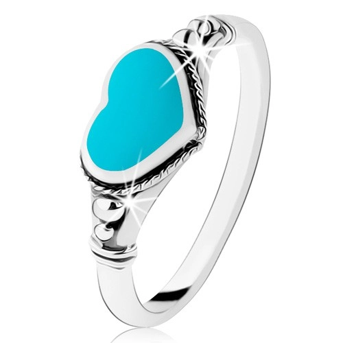 Strieborný prsteň 925, patinovaný, srdiečko v tyrkysovej farbe, guličky - Veľkosť: 60 mm