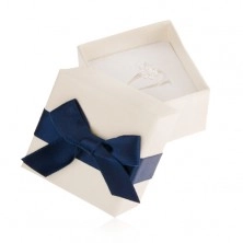 Biela darčeková krabička na prsteň, prívesok alebo náušnice, modrá mašľa