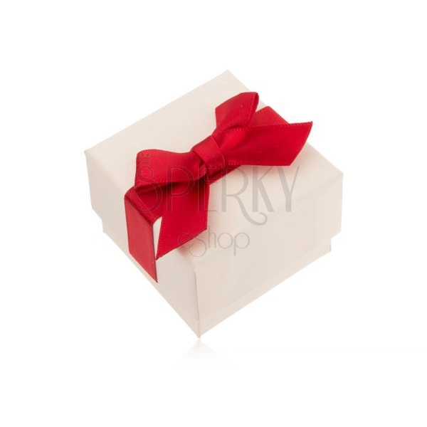 Biela darčeková krabička na prsteň, prívesok a náušnice, červená mašľa