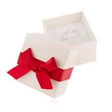 Biela darčeková krabička na prsteň, prívesok a náušnice, červená mašľa