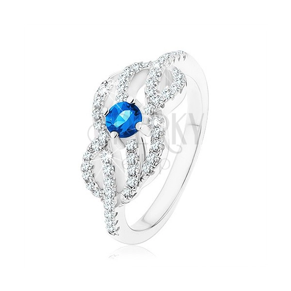 Strieborný 925 prsteň, modrý zirkónik, prepletené zvlnené línie