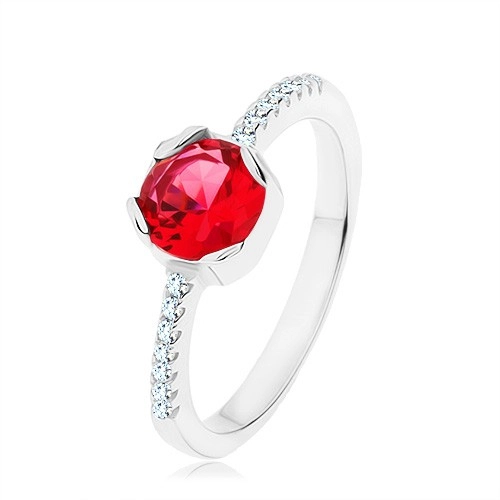 Strieborný 925 prsteň, okrúhly červený zirkón, úzke ramená, číre zirkóny - Veľkosť: 52 mm