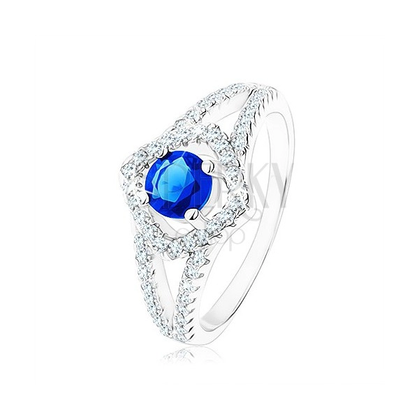 Strieborný prsteň 925, rozdvojené ramená, obrys štvorca, modrý zirkón