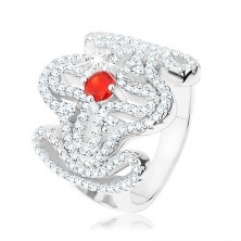 Masívny prsteň, striebro 925, červený zirkónik, rozsiahly ornament - kríž