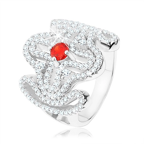 Masívny prsteň, striebro 925, červený zirkónik, rozsiahly ornament - kríž - Veľkosť: 51 mm