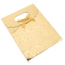 Darčeková taštička z papiera, lesklý povrch zlatej farby, srdiečka, špirály, pásiky
