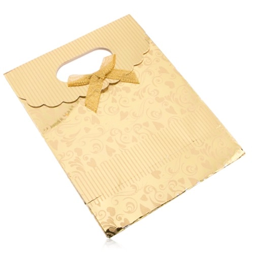 Darčeková taštička z papiera, lesklý povrch zlatej farby, srdiečka, špirály, pásiky