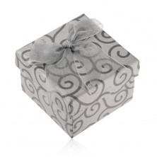 Sivá darčeková krabička z papiera na prsteň, tmavosivé špirály, mašlička