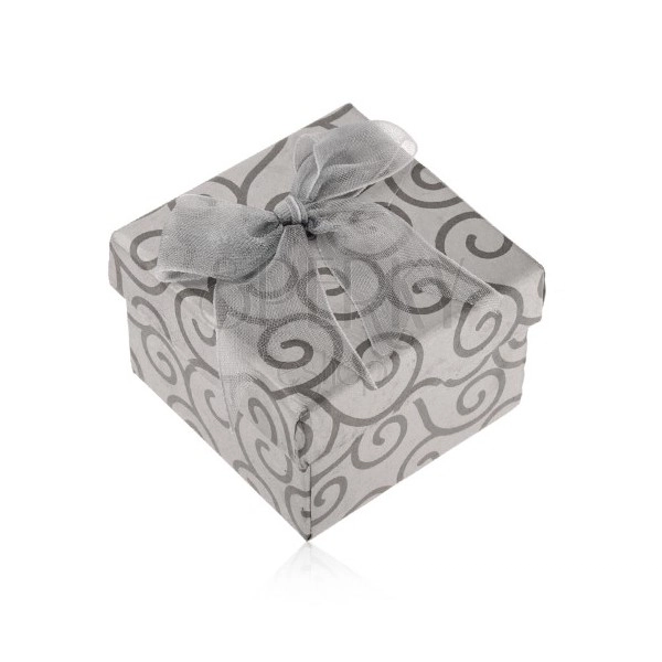 Sivá darčeková krabička z papiera na prsteň, tmavosivé špirály, mašlička