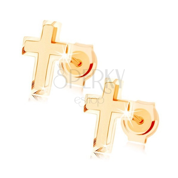 Zlaté náušnice 375 - malý latinský krížik, kombinácia lesklého a matného povrchu