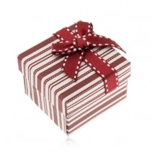 Darčeková krabička na prsteň, hnedé a biele ozdobné pásiky, bordová mašľa