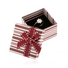Darčeková krabička na prsteň, hnedé a biele ozdobné pásiky, bordová mašľa