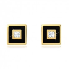 Zlaté náušnice 375 - štvorček zdobený čiernou glazúrou, číry zirkónik
