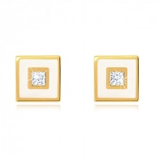 Zlaté náušnice 375 - štvorček zdobený bielou glazúrou, číry zirkón