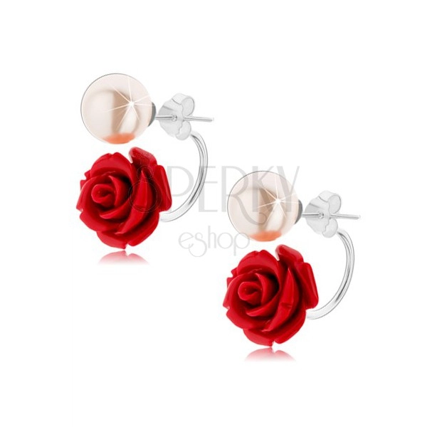 Obojstranné strieborné náušnice 925, perleťovo biela gulička, bordová ruža