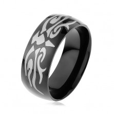 Lesklý oceľový prsteň čiernej farby, šedý motív tribal, hladký povrch