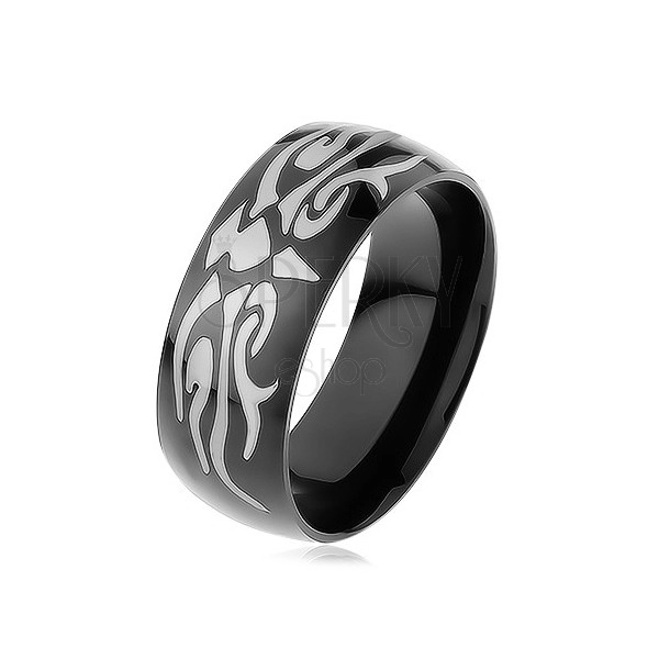 Lesklý oceľový prsteň čiernej farby, šedý motív tribal, hladký povrch