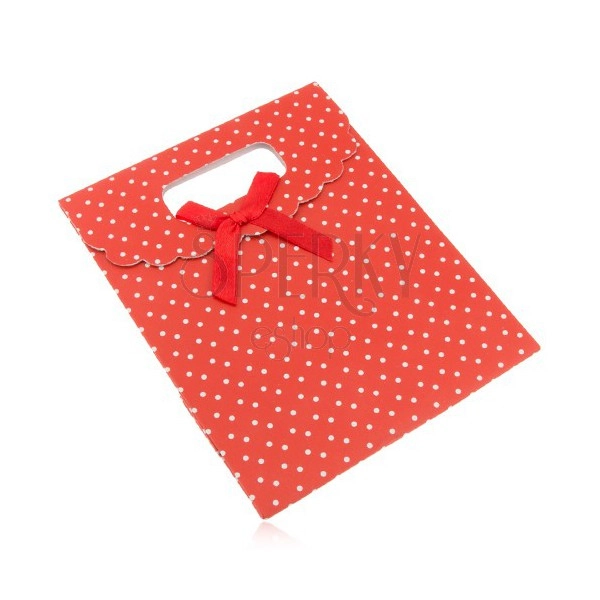 Červená darčeková taštička z papiera s bielymi bodkami, červená mašľa