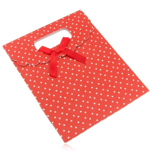 E-shop Šperky Eshop - Červená darčeková taštička z papiera s bielymi bodkami, červená mašľa U25.9