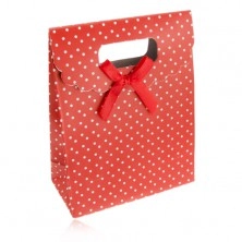 Červená darčeková taštička z papiera s bielymi bodkami, červená mašľa