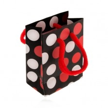 Darčeková taštička z papiera, čierny podklad, biele a červené bodky, šnúrky