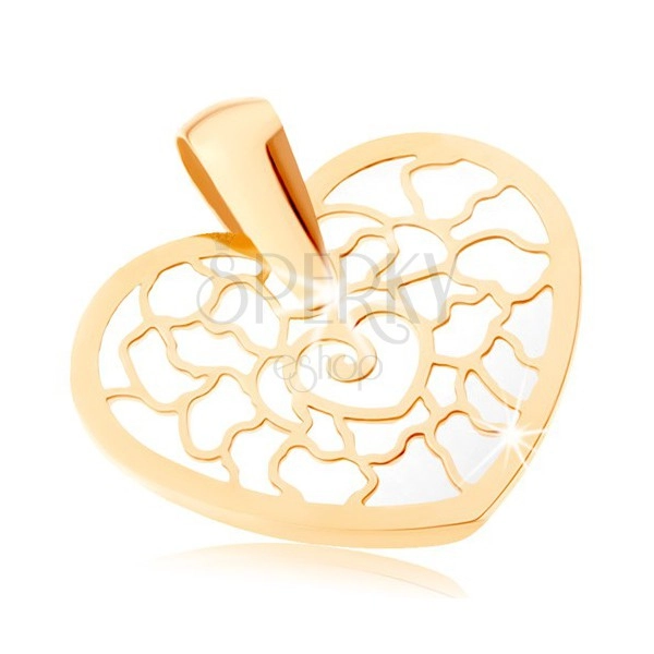Zlatý prívesok 375 - obrys srdca s ornamentami, podklad z perlete