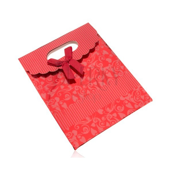 Lesklá darčeková taštička z papiera, tmavočervená, mašľa, výrez
