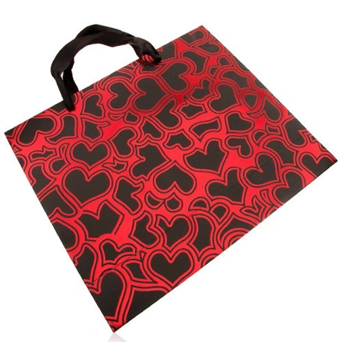 E-shop Šperky Eshop - Papierová taška na darček, tmavosivá s červenou, lesklé obrysy sŕdc U22.20