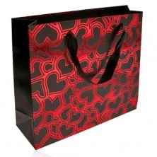 Papierová taška na darček, tmavosivá s červenou, lesklé obrysy sŕdc
