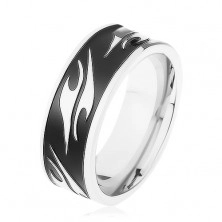 Lesklý prsteň z chirurgickej ocele, čierny pás zdobený motívom tribal
