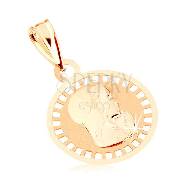 Prívesok zo žltého 9K zlata - okrúhly medailón s Pannou Máriou, lesklo-matný