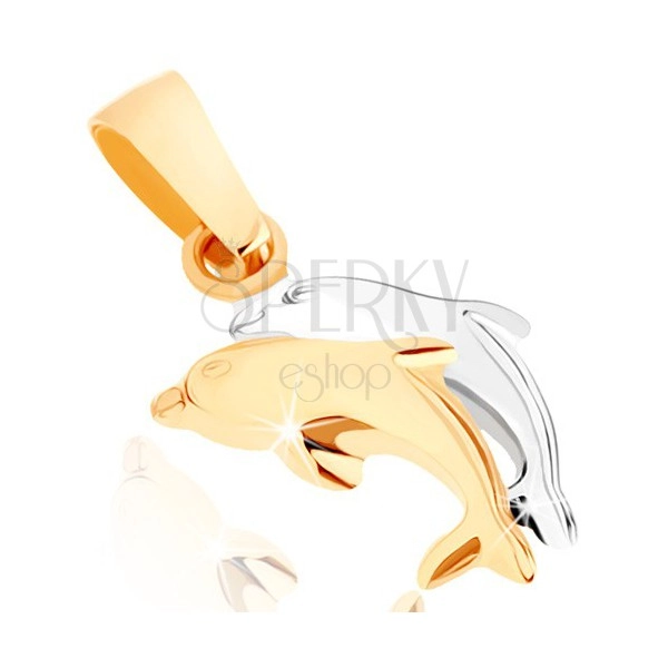 Zlatý prívesok 375 - dvojfarebné skáčuce delfíny, hladký vypuklý povrch