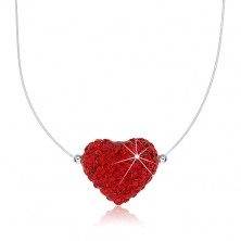 Náhrdelník s červeným srdcom s kryštálikmi, priesvitné lanko, zapínanie striebro 925