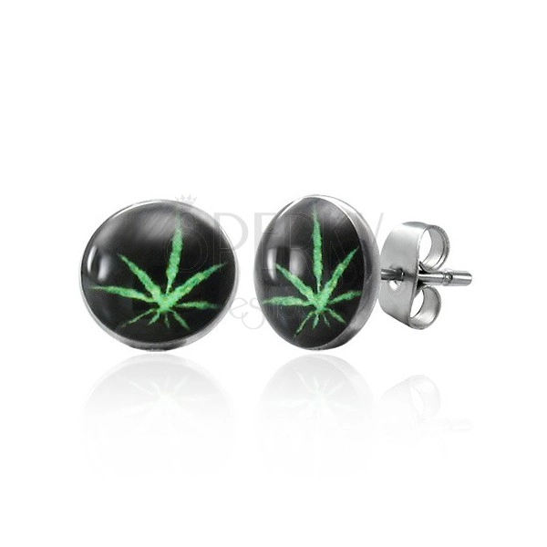 Puzetové oceľové náušnice, zelená marihuana na čiernom podklade