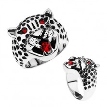 Masívny prsteň, oceľ 316L, hlava leoparda, červené zirkóny