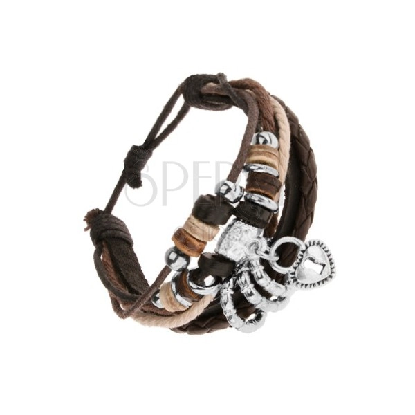 Multináramok - čierny kožený pás, šnúrky s oceľovými a drevenými korálkami