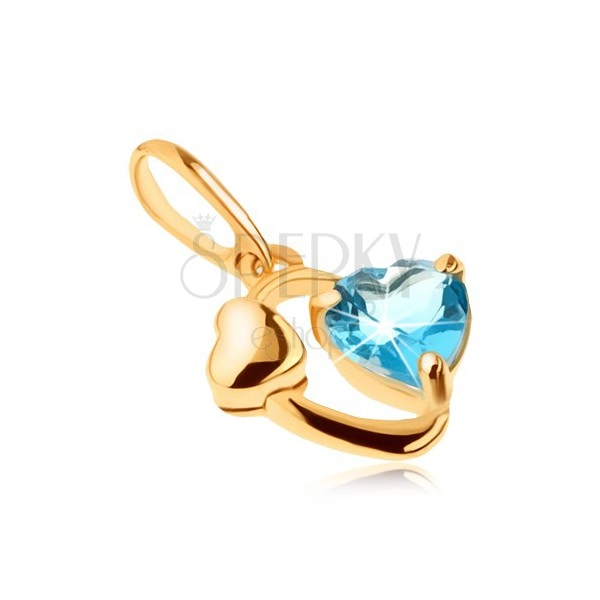 Zlatý prívesok 585 - kontúra oválu, lesklé srdiečko, srdce z modrého topásu